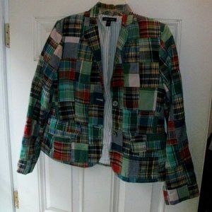 Land's End Madras Plaid 2 button Blazer Jacket Multi-Color Patchwork women sz 6